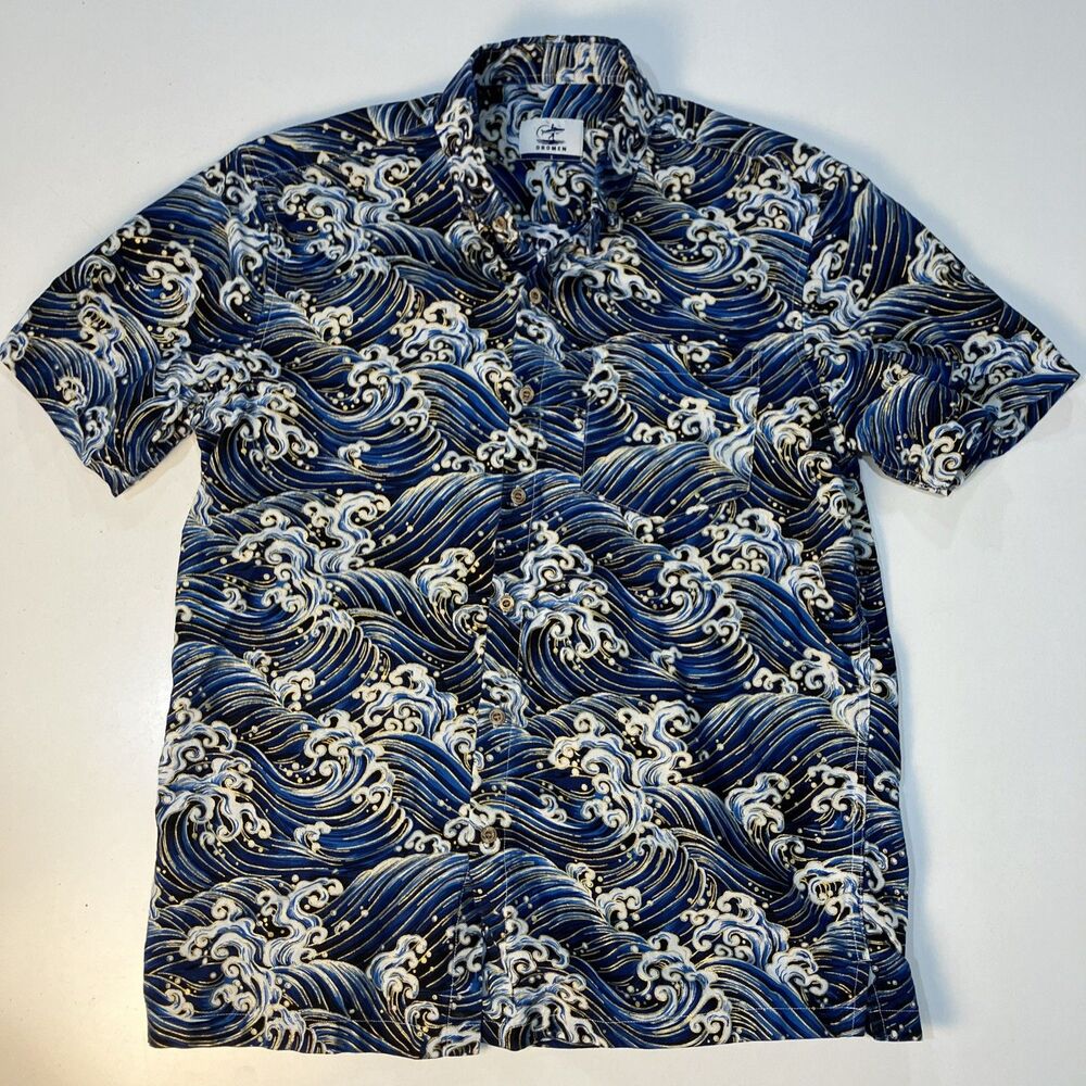 Oromen Hawaiian Aloha Shirt Japan Ukiyo-e Gold Shimmer Rolling Waves Men’s Small